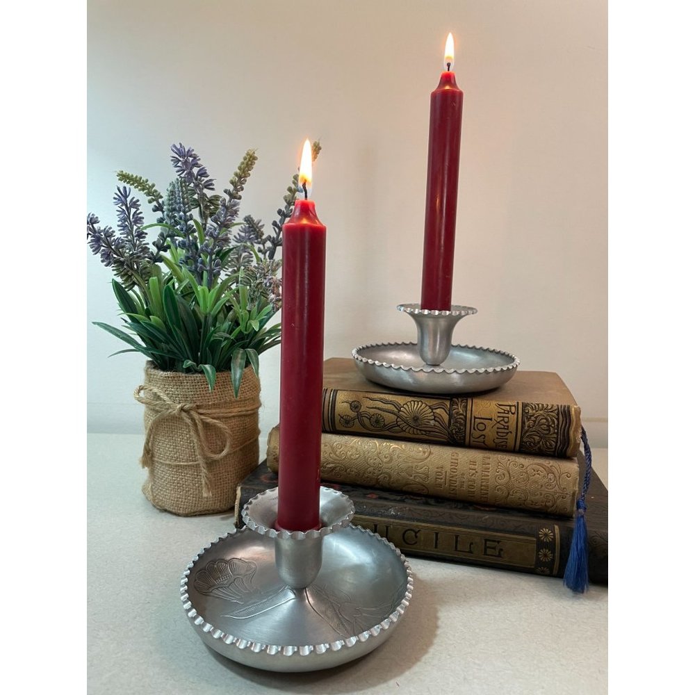 PAIR Vintage Farberware Aluminum Candle Holders Scalloped Edge Floral Design USA